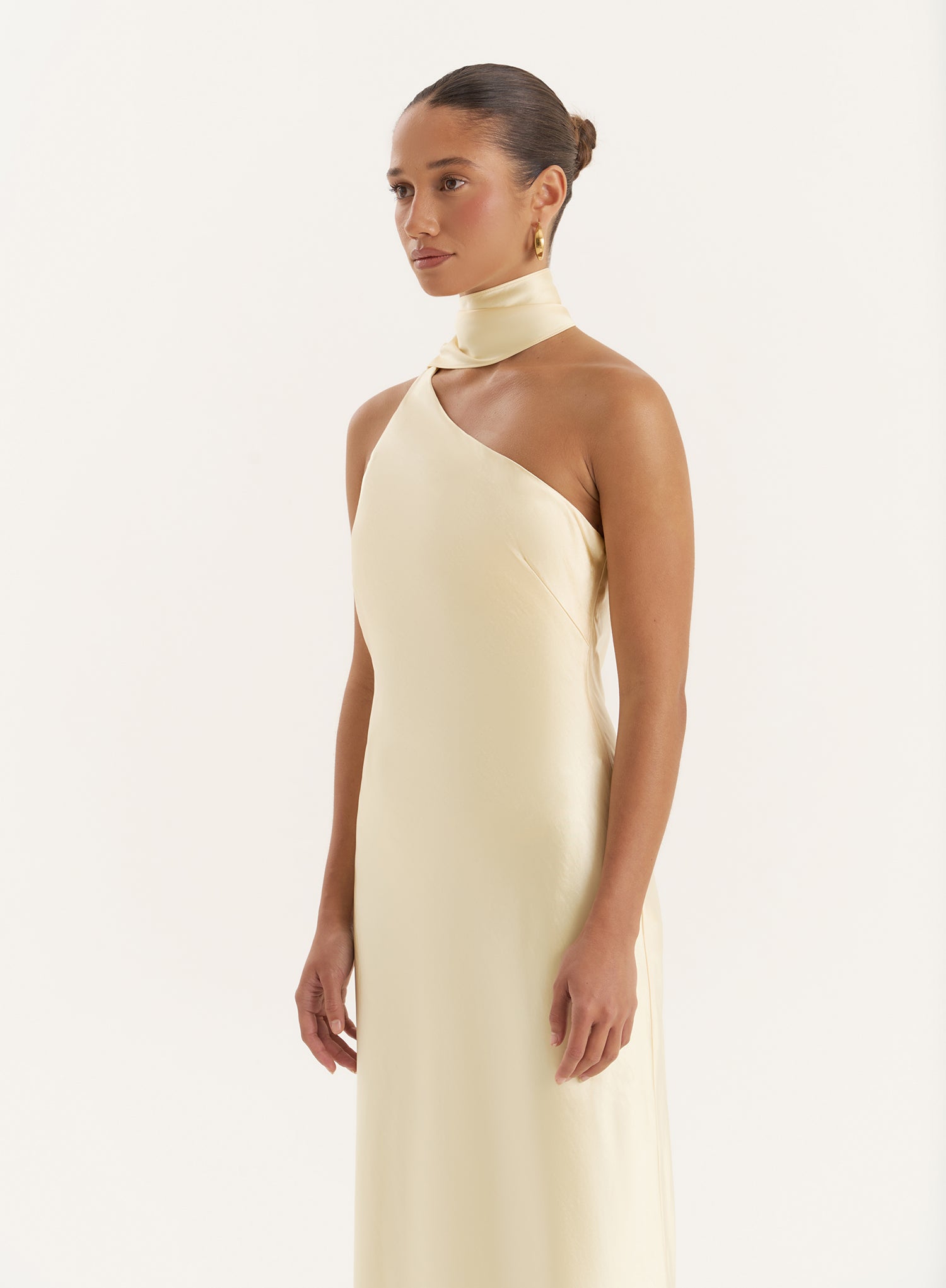 Lemon Satin One Shoulder Maxi Dress